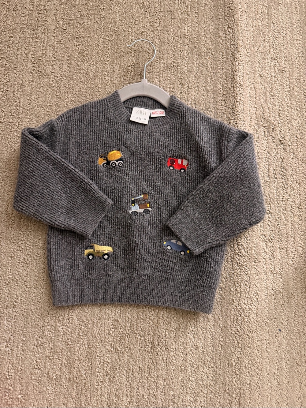 Zara Gray Knit Sweater with Colorful Vehicle Patches